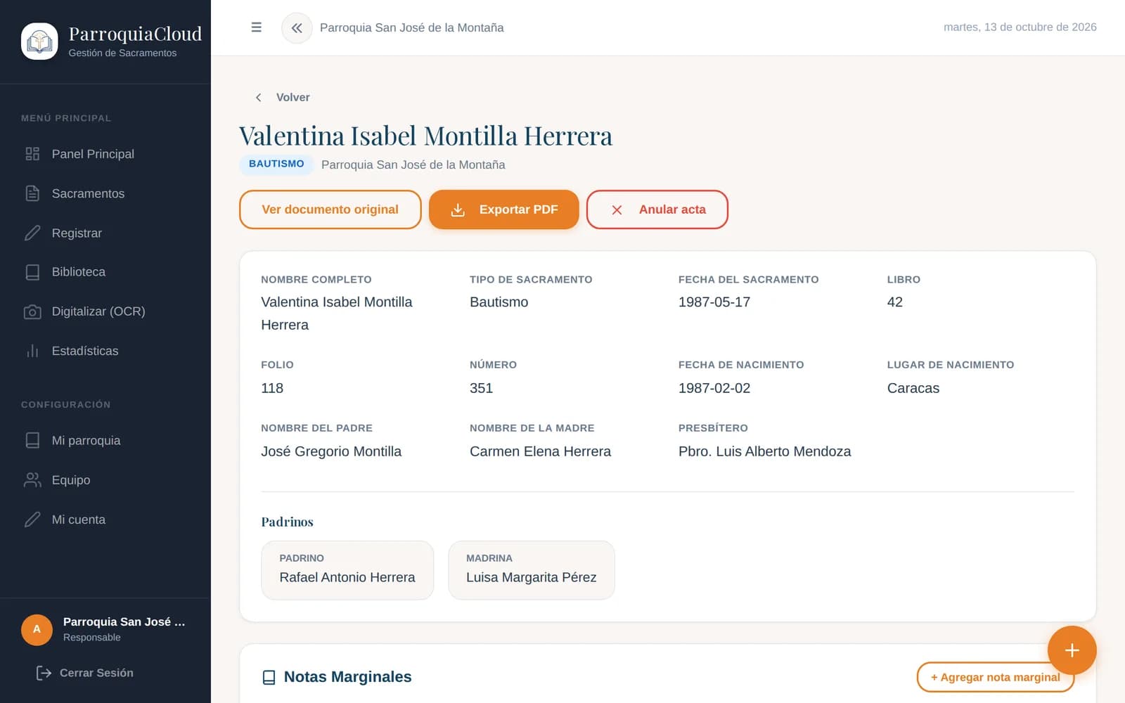 Ficha de un acta de bautismo en ParroquiaCloud con sus datos, padrinos y botones para ver el documento original y exportar la constancia